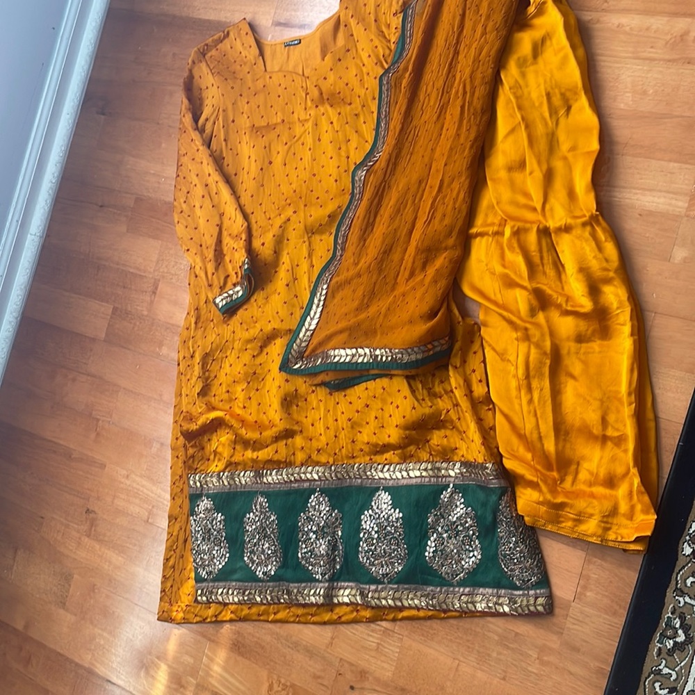 Mustard yellow Indian Shalwar Kameez, 3 piece, green design and beautiful work